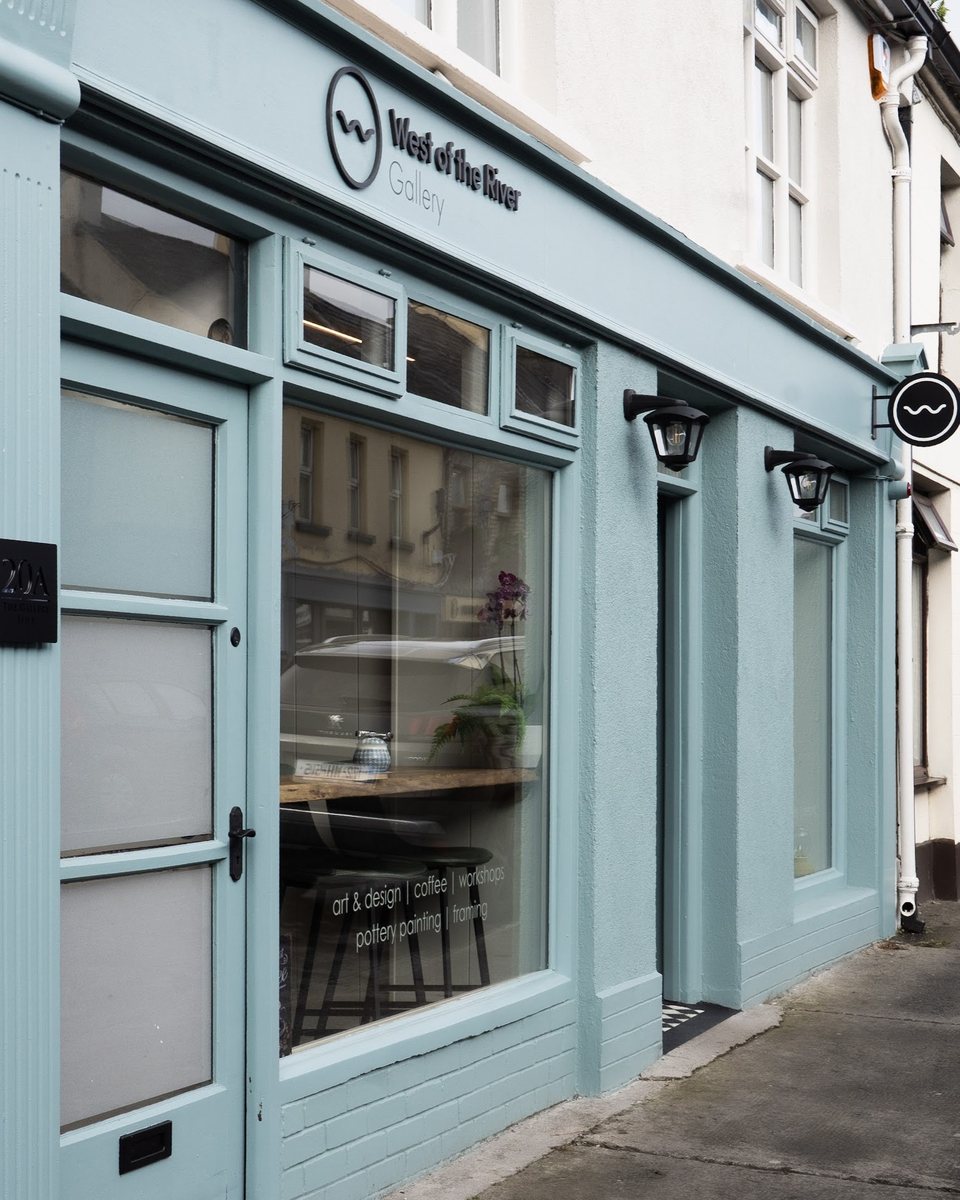 The duck-egg blue shopfront of West of the River Gallery on Old Church Street, Athenry